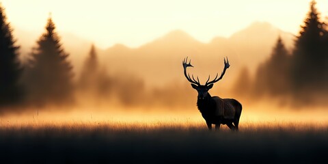 Majestic stag silhouette at sunrise with mountain backdrop, fog rolling across meadow, pine forest creating atmospheric wilderness scene in golden morning light.