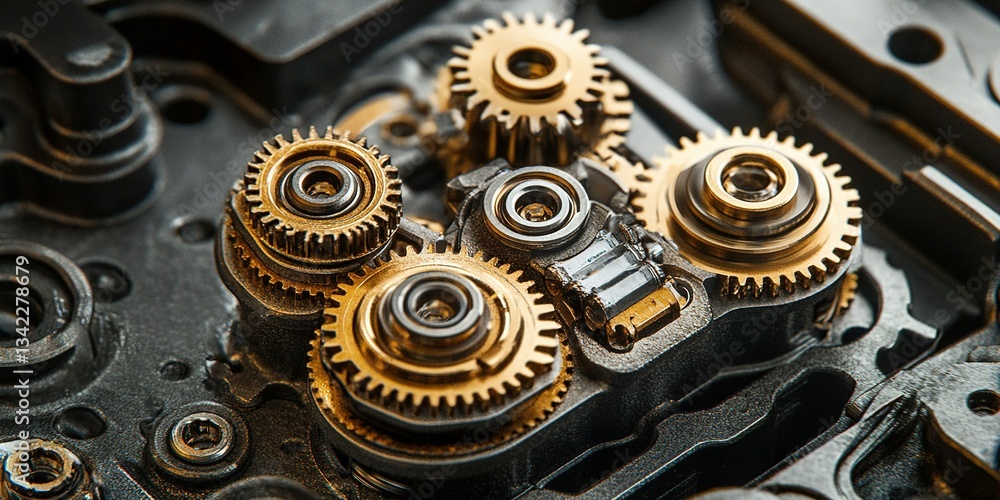 Poster complex arrangement of metallic gears showcasing precision engineering and intricate design in machi