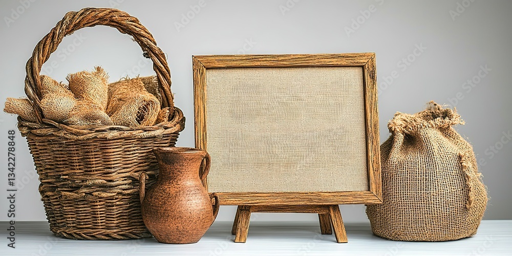 Poster Decorative rustic items displayed on a table featuring a woven basket, clay pitcher, and empty frame for artwork or messages