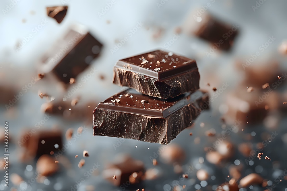 Aufkleber broken dark chocolate pieces floating in air with scattered cocoa crumbs and particles against blurr