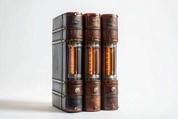 Three steampunk-style lamps made to look like old books, with glowing tubes in the center. Placed on a white surface with soft lighting.