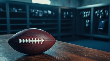 American football on wooden table in locker room with equipment in background.