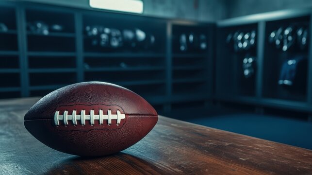American football on wooden table in locker room with equipment in background. - Powered by Adobe