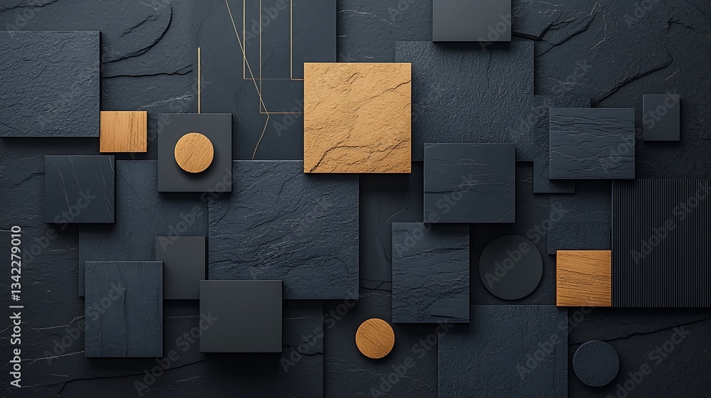 Aufkleber abstract geometric design featuring dark stone and wood squares and circles