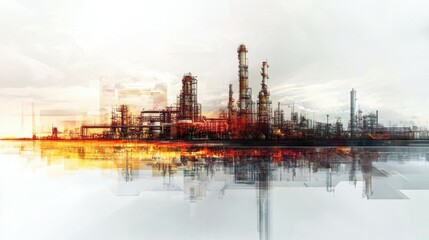 Obraz premium An artistic representation of the energy sector and future manufacturing through a conceptual graphic design, using double exposure to depict an oil, gas, and petrochemical refinery