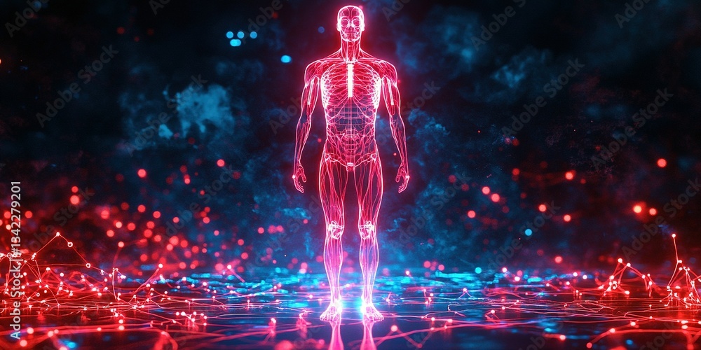 Poster digital representation of a human figure with glowing vascular network and energy field in a futuris