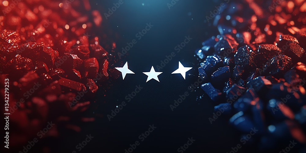 Poster red and blue shards create dynamic backdrop with three stars in focus for a bold visual statement