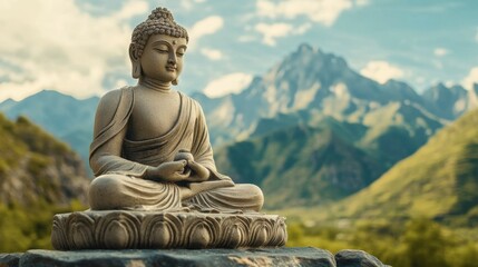 Obraz premium Ancient stone statue of Buddha on Tibet mountains background. Buddhism religion and historical sculpture concept. Landscape view for wallpaper, banner, poster with copy space