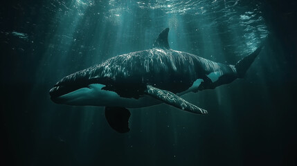 Fototapeta premium Orca whale swimming underwater with sunlight rays penetrating deep ocean, marine wildlife conservation and ecosystem biodiversity concept