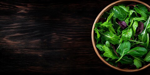 Fresh mixed salad greens and purple leaves in wooden bowl on dark rustic wooden background with copy space. Top view of healthy organic food.