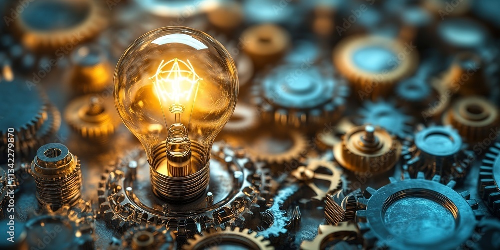 Poster light bulb illuminated among metallic gears creating a dynamic industrial design setting