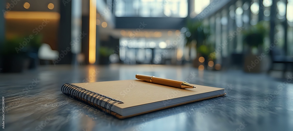 Poster spiral notebook and golden pen on dark table in modern office lobby with blurred background and boke