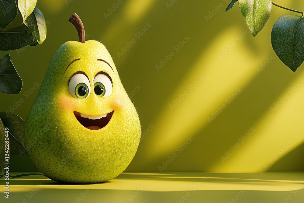 Poster goofy pear with a playful grin brings joy against a fresh green-yellow backdrop generative ai