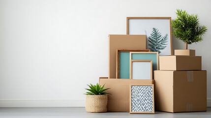 Moving Day: Stacked Cardboard Boxes with Plants and Picture Frames