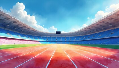 Watercolor of stadium, running tracks, blue seats under cloudy sky. Empty olympic games arena, place for competition, sport events, performance. Sport lifestyle promo, celebrate, cheer success,