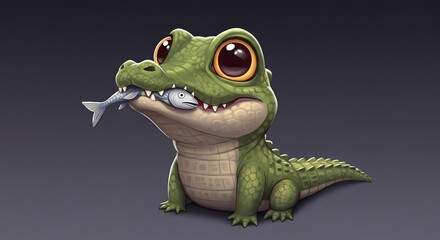 Obraz premium Cute Cartoon Alligator Eating Fish with Large Eyes on Dark Background