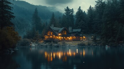 Obraz premium Lakeside log cabin twilight, mountain forest, reflection, calm water, vacation rental