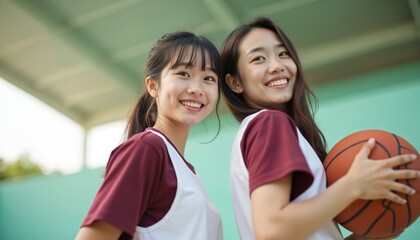 Portrait of cheerful asian girls in sport uniform standing at basketball court. Young women turn around looking at camera and holding ball. Sport, education, healthy lifestyle, team spirit concept.