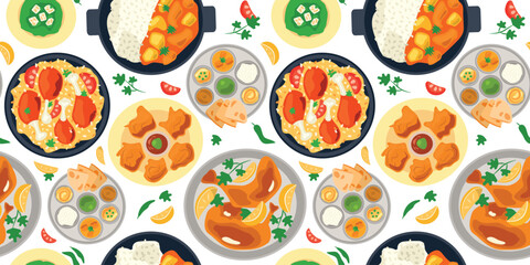 Indian dishes pattern. Biryani, Tandoori, Pakora. Thali, Curry, Palak Paneer soup. Fried chicken with rice. Food in plate. Seamless print for menu, cookbook, cuisine. Flat design. Vector illustration