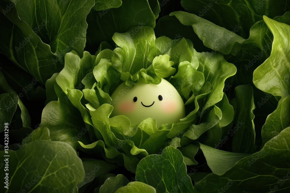 Poster cute lettuce character with a joyful expression in lush green surroundings generative ai