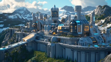 Obraz premium Futuristic metropolis nestled within the rugged mountain landscape