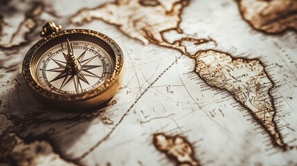Antique gold compass on an old world map, highlighting exploration and discovery. Focus on exploration, navigation, travel, and history.