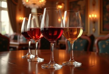 close view elegant wine glasses capturing vibrant liquid reflections creating stunning visual display, color, beverage, red, white, swirl, shine, texture