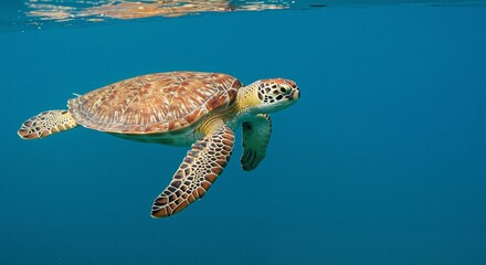 Sea turtle gracefully swimming in clear blue waters, showcasing intricate patterns and natural beauty, representing marine life in its habitat