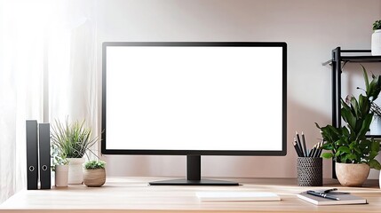 Desktop monitor screen mockup featuring blank display in a modern home office