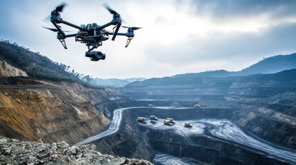 Drone surveying the landscape of open pit mine, modern industrial aerial photography