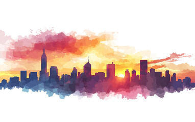 Urban Skyline at Sunset with Dark Silhouettes of Tall Structures Isolated on transparent background PNG