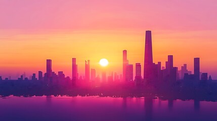 Fototapeta premium A vibrant sunset over a city skyline, reflecting on water, creating a serene atmosphere.