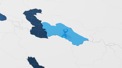 Obraz premium Blue Turkmenistan 3d map with pointer pin surrounded with other countries in white. Political map with borders. 3d render illustration