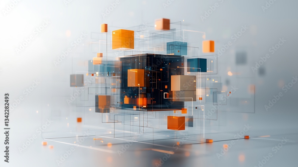 Poster abstract geometric shapes, interconnected cubes, digital network