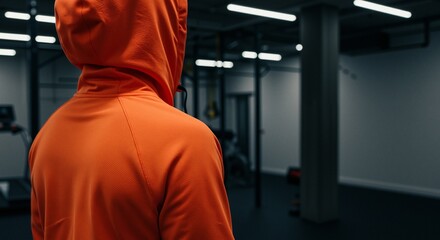 Hooded figure wearing an orange athletic hoodie in a dimly lit gym, exuding a focused and determined vibe
