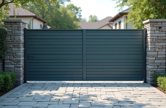 Wide automatic sliding gate made of planks with remote control, installed in high stone fence wall. Security, protection, privacy concept for automated property. Modern, electrical design, closed