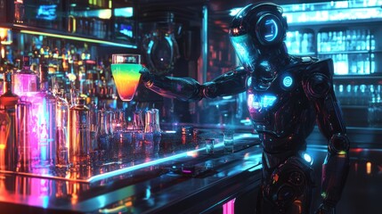 Futuristic robot bartender serving colorful cocktail in neon bar ambiance