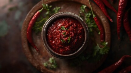 Spicy Red Sauce in a Ceramic Bowl with Fresh Herbs and Chili Peppers Perfect for Culinary and