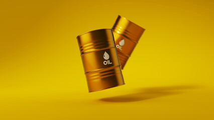 Two floating gold metal oil barrels on yellow background. Front view with shadow. Falling fuel tanks. Oil industry concept. 3d render illustration