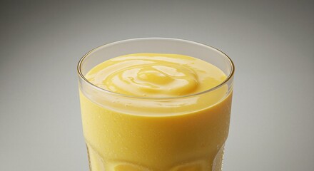 Creamy mango smoothie in a clear glass with a smooth surface and rich golden color, evoking a fresh and tropical vibe
