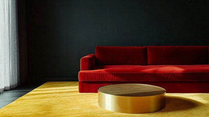 A modern living room scene featuring a red velvet sofa, a round gold coffee table, and a yellow rug against a dark background. Window light.