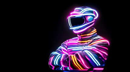 Cybernetic Dancer in Neon Costume Posing Against Dark Background