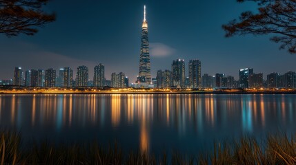 Fototapeta premium Night city skyline reflection (1)