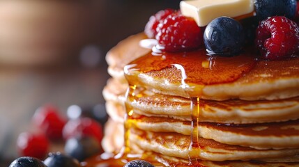 Stacked Pancakes with Fresh Berries and Honey Drizzle Perfect for Breakfast or Brunch Photogra