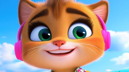Fototapeta premium Animated cat wearing headphones, smiling, close-up view