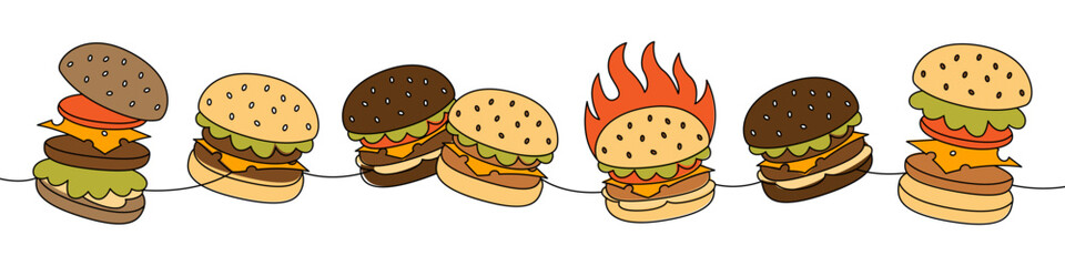 Burger set one line colored continuous drawing. Beef burger, hamburger, veggie burger, cheeseburger. Hand drawn elements for cafe menu, restaurants.