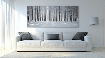 Minimalist Living Room with Snowy Forest Wall Art in Modern Design