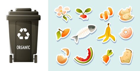 Set of organic garbage and trash can for waste sorting. Food waste stickers, waste sorting game for kids. Zero waste theme and modern environmental problem.