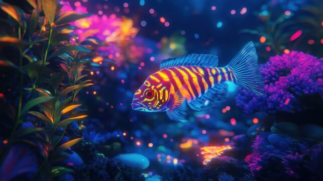 Vibrant neon tigerfish gracefully swims among digital coral and glowing plants