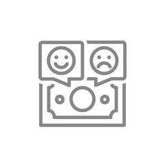 Money with happy and sad faces in speech bubble line icon. Money investment symbol. Vector illustration.